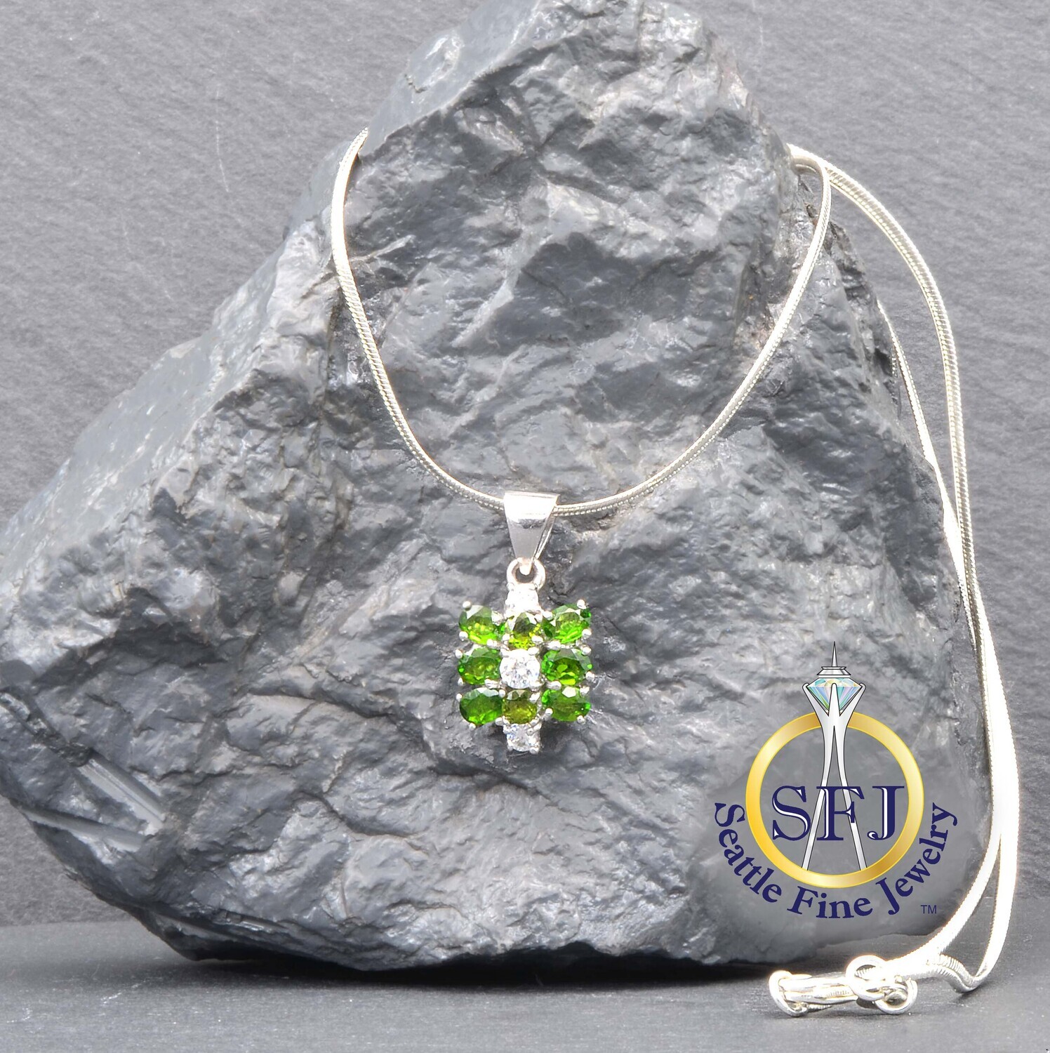 Chrome Diopside and CZ Pendant Necklace, Solid Sterling Silver