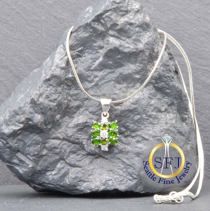 Chrome Diopside and CZ Pendant Necklace, Solid Sterling Silver