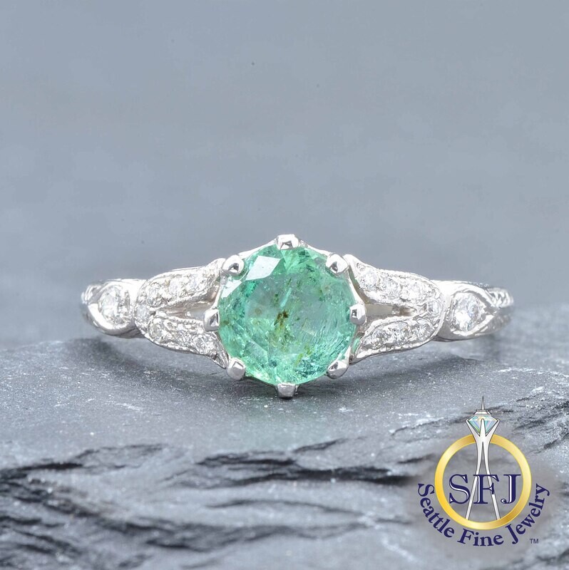 Emerald and Diamond Ring, Solid 14K White Gold