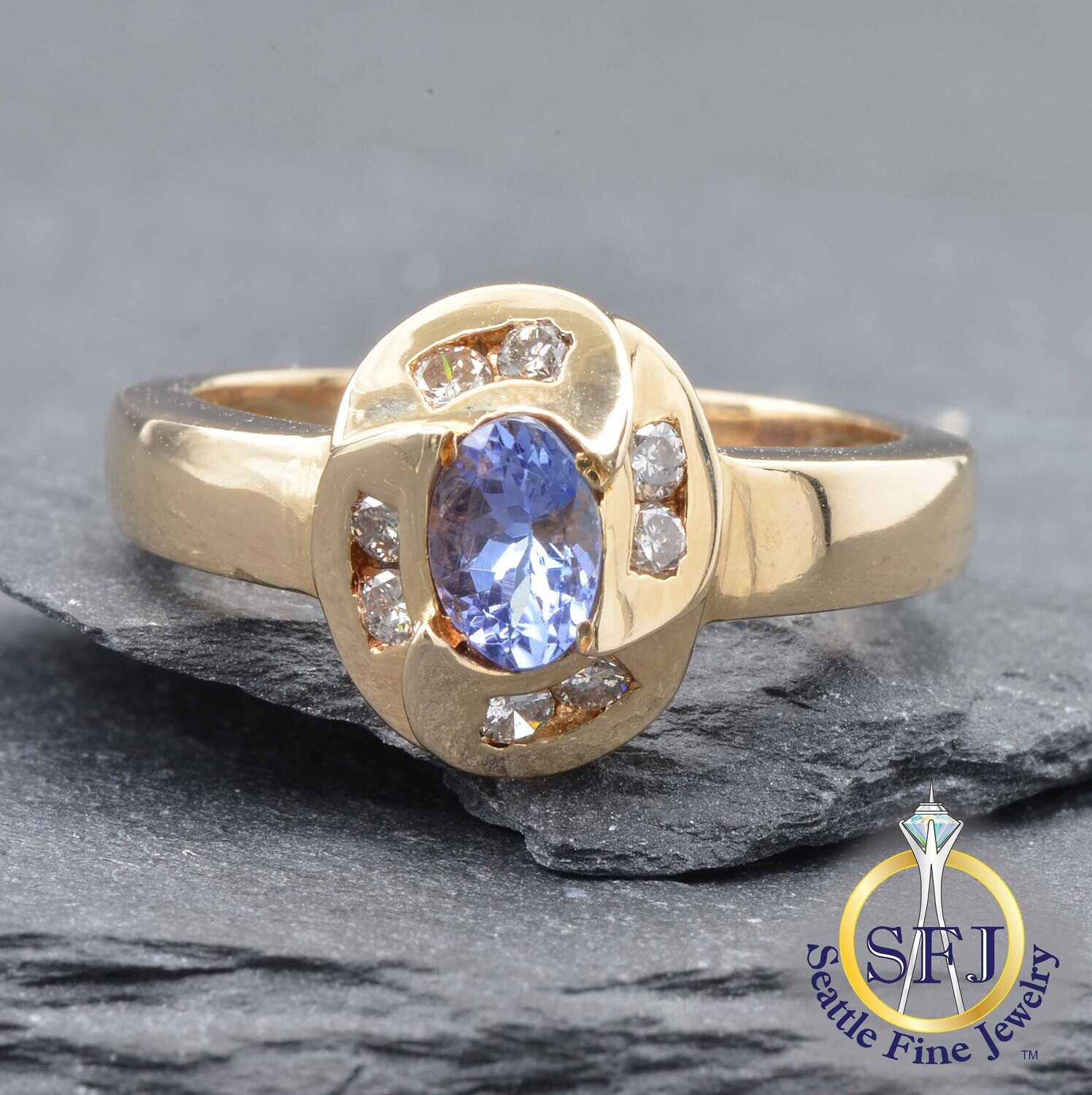 Tanzanite and Diamond Ring, Solid 14k Yellow Gold