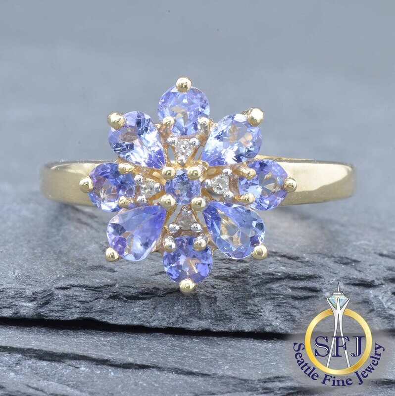 Tanzanite Pear Cut, Round Cluster Ring, Solid 14K Yellow Gold