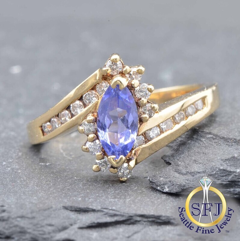 Marquise Tanzanite and Diamond Bypass Ring, Solid 14K Yellow Gold