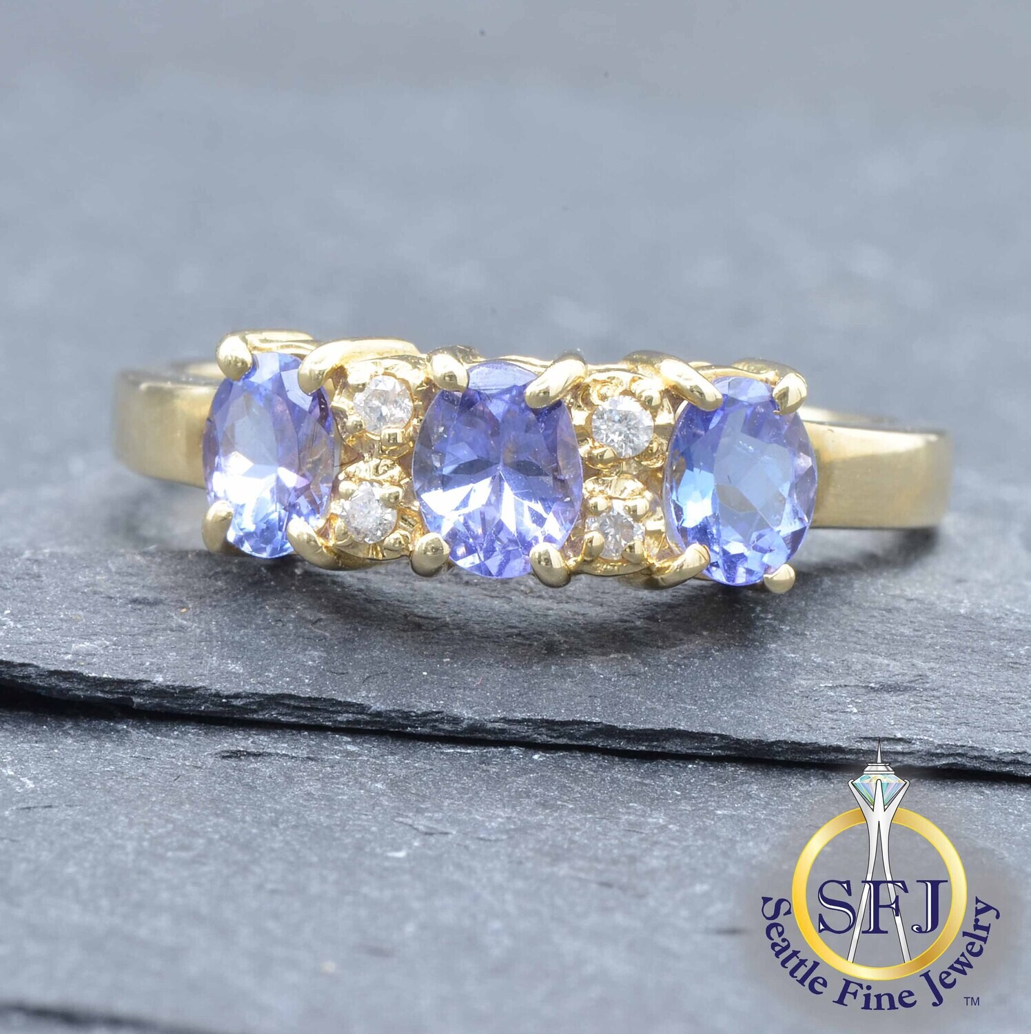 Tanzanite and Diamond Ring, Solid 14k Yellow Gold