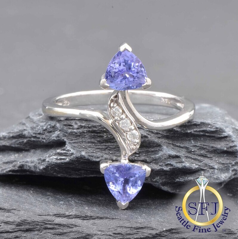 Tanzanite Trillion-cut and Diamond Ring, Solid 14K White Gold