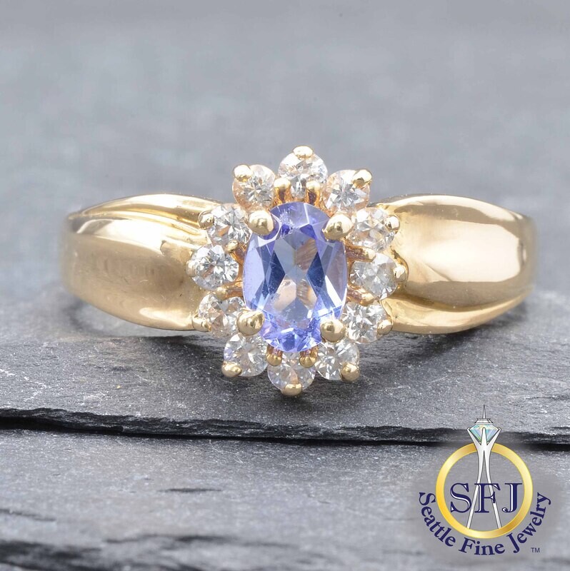 Tanzanite and White Sapphire Halo Ring, Solid 14K Yellow Gold