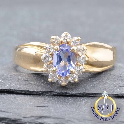 Tanzanite and White Sapphire Ring, Solid 14k Yellow Gold