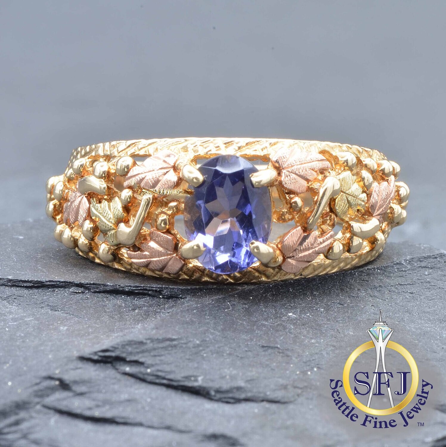 Tanzanite Ring, Solid 10k Green Gold and Rose Gold and Yellow Gold