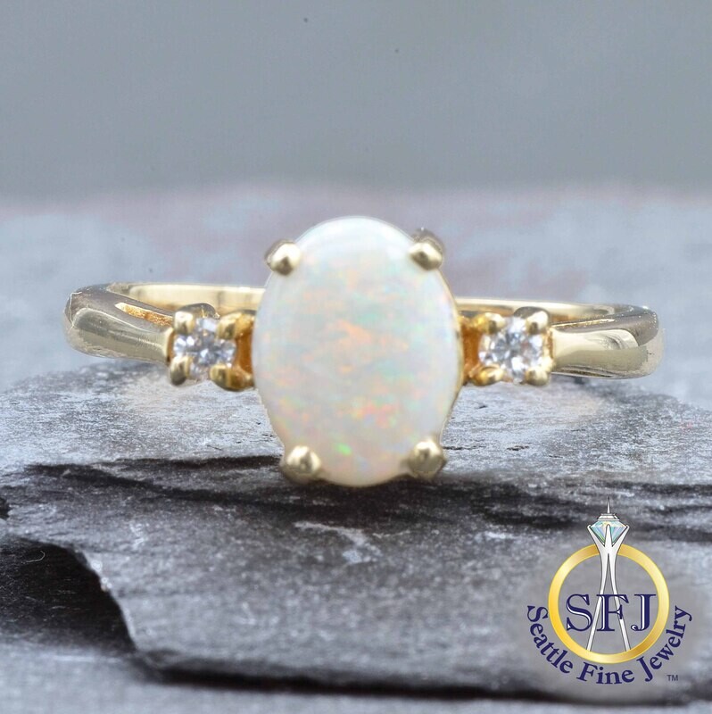 Opal and Diamond Ring, Solid 14K Yellow Gold