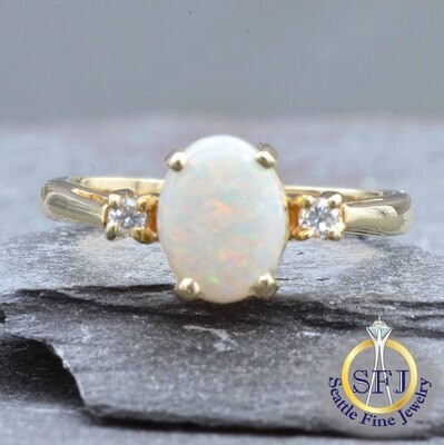 White Opal and Diamond Ring, Solid 14k Yellow Gold