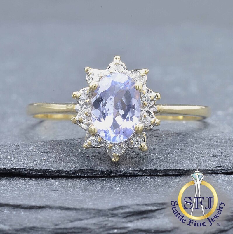 Tanzanite and Diamond Halo Ring, Solid 14K Yellow Gold