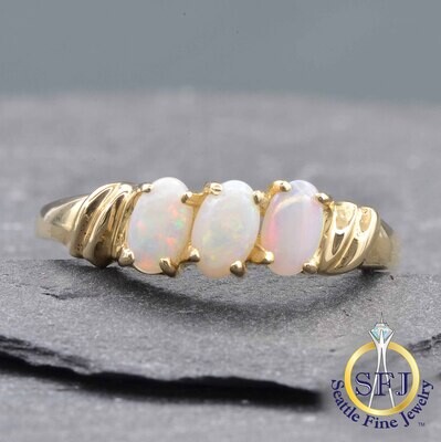 White Opal and Jelly Opal Ring, Solid 14k Yellow Gold