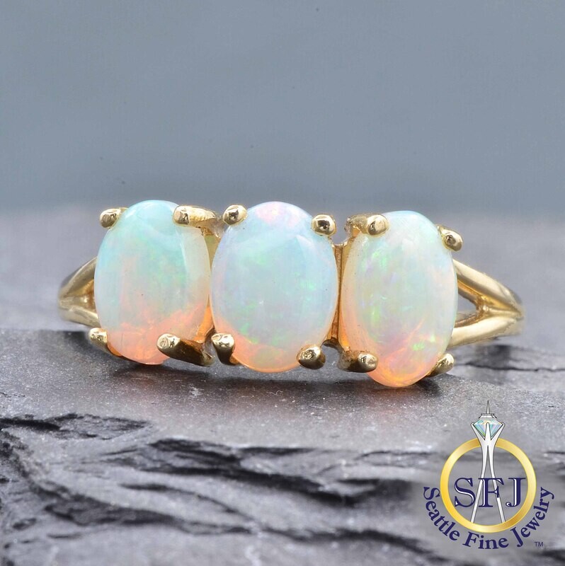 Opal 3-Stone Ring, Solid 14K Yellow Gold