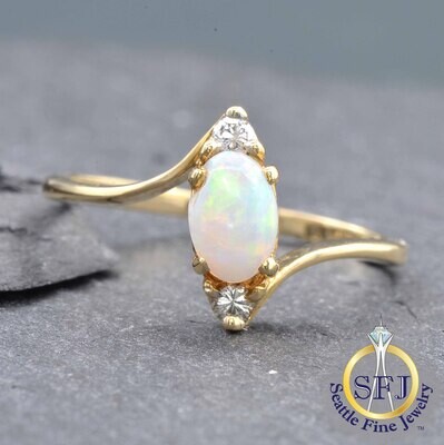 White Opal and Diamond Ring, Solid 14k Yellow Gold