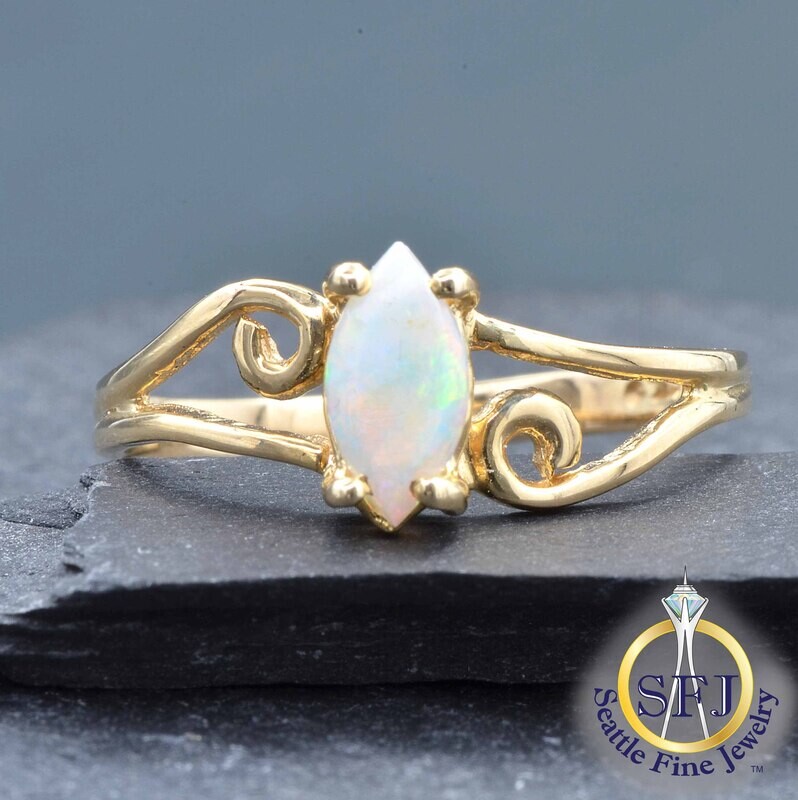Marquise Opal Solitaire Filigree Ring, Solid 14K Yellow Gold
