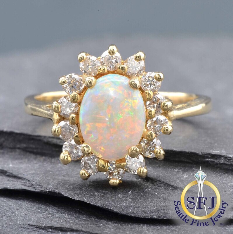 Opal and Diamond Halo Ring, Solid 14K Yellow Gold