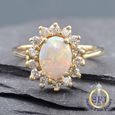 Semi-crystal Opal and Diamond Ring, Solid 14k Yellow Gold