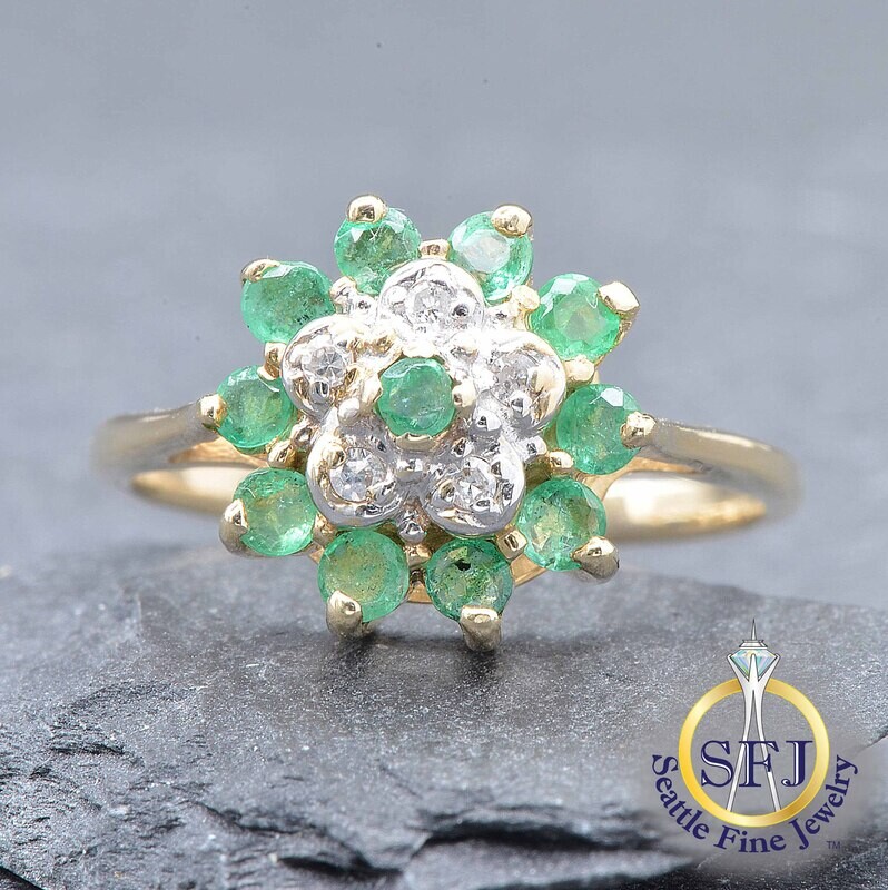 Emerald and Diamond Cluster Halo Ring, Solid 10K Yellow Gold