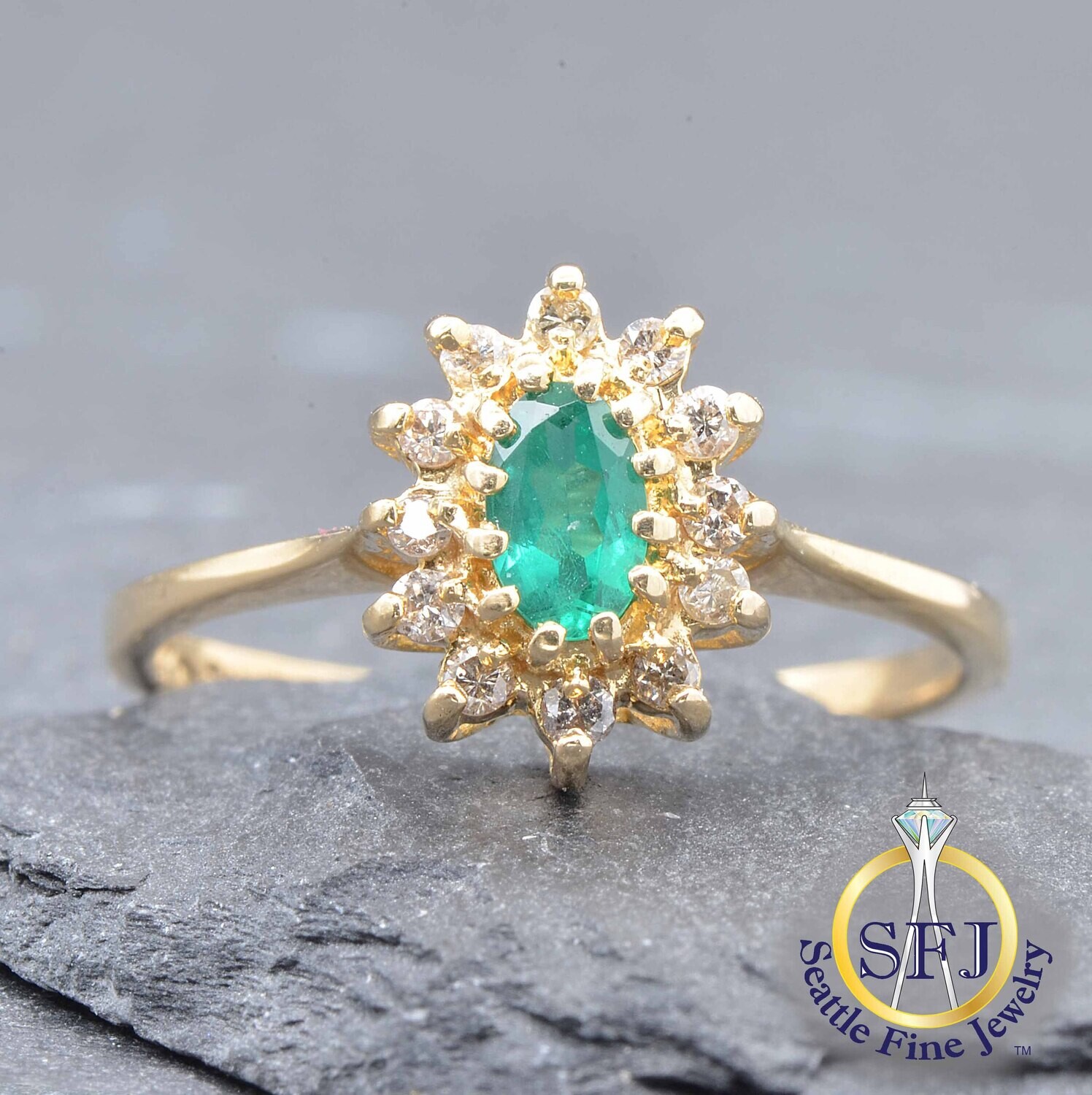 Marquise Emerald and Diamond Halo Ring, Solid 14K Yellow Gold