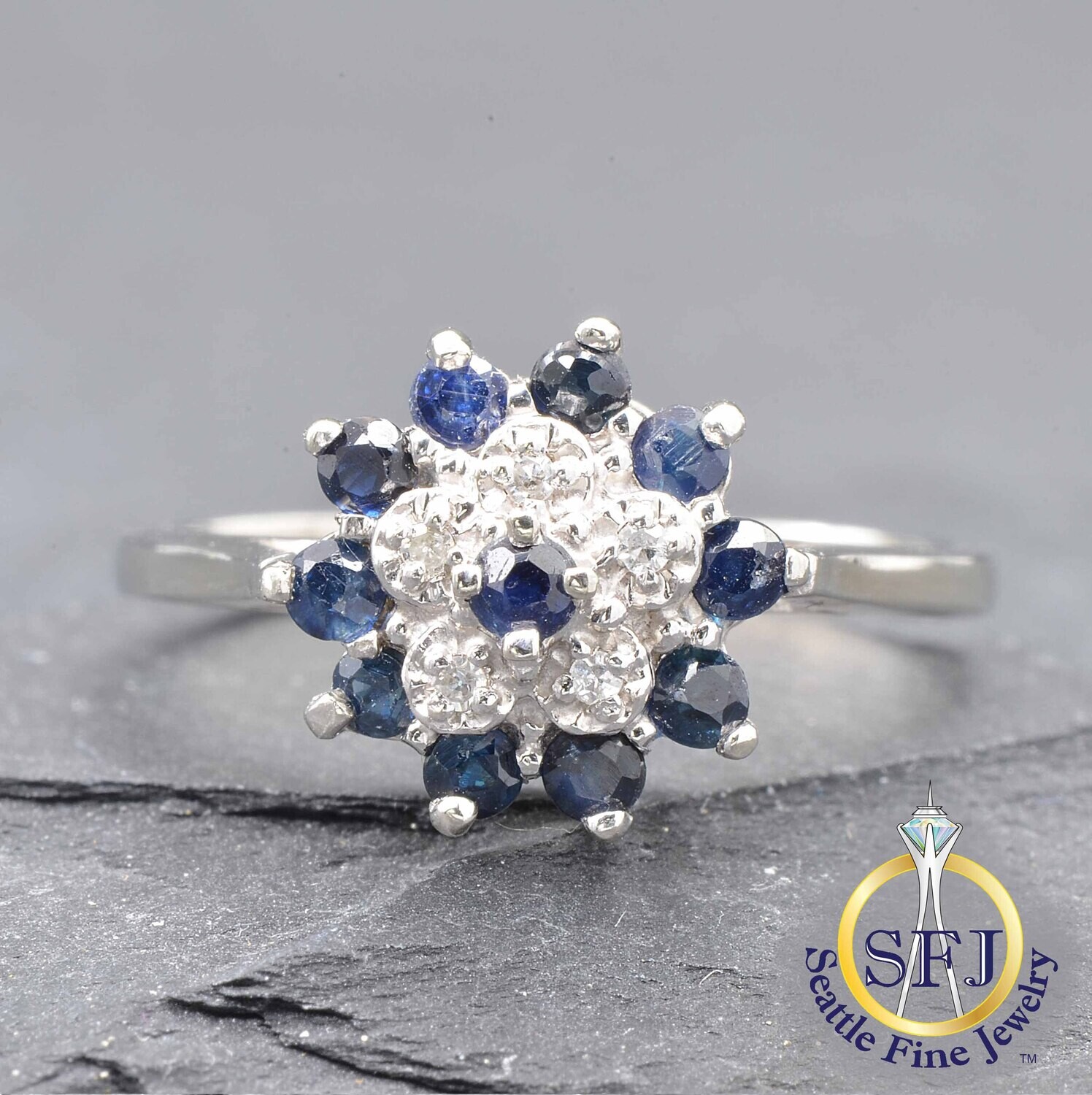 Sapphire and Diamond Cluster Halo Ring, Solid 10K White Gold