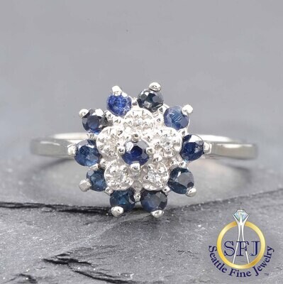 Sapphire and Diamond Cluster Halo Ring, Solid 10K White Gold