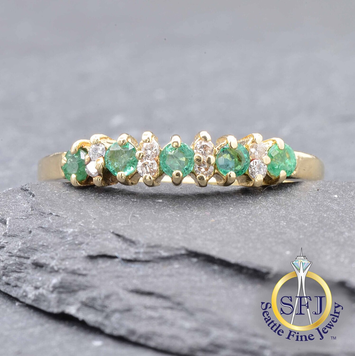 Emerald and Diamond Row Ring, Solid 14K Yellow Gold