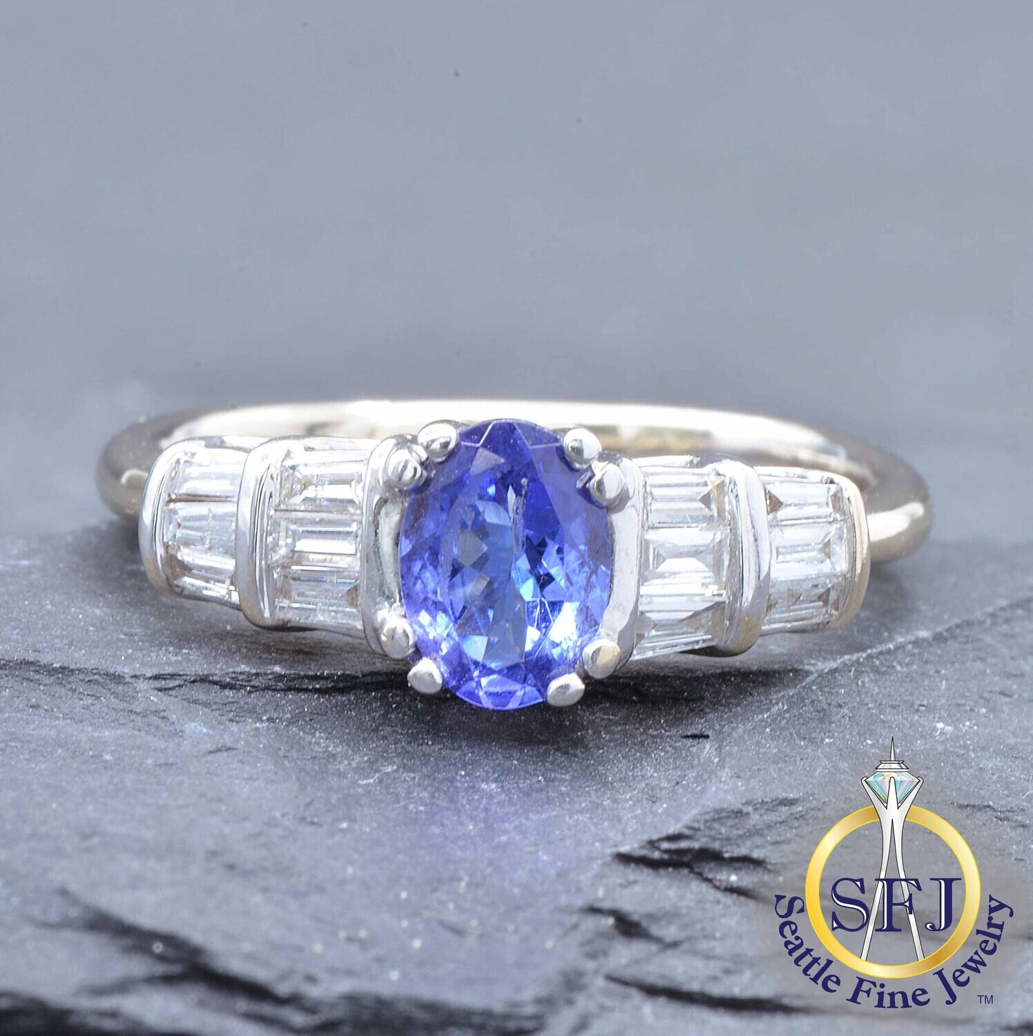 Tanzanite and Diamond Ring, Solid 18K White Gold