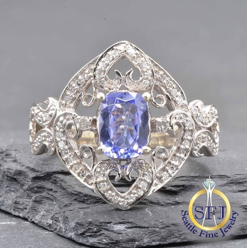 Tanzanite and Diamond Ornate Filigree Ring, Solid 14K White Gold