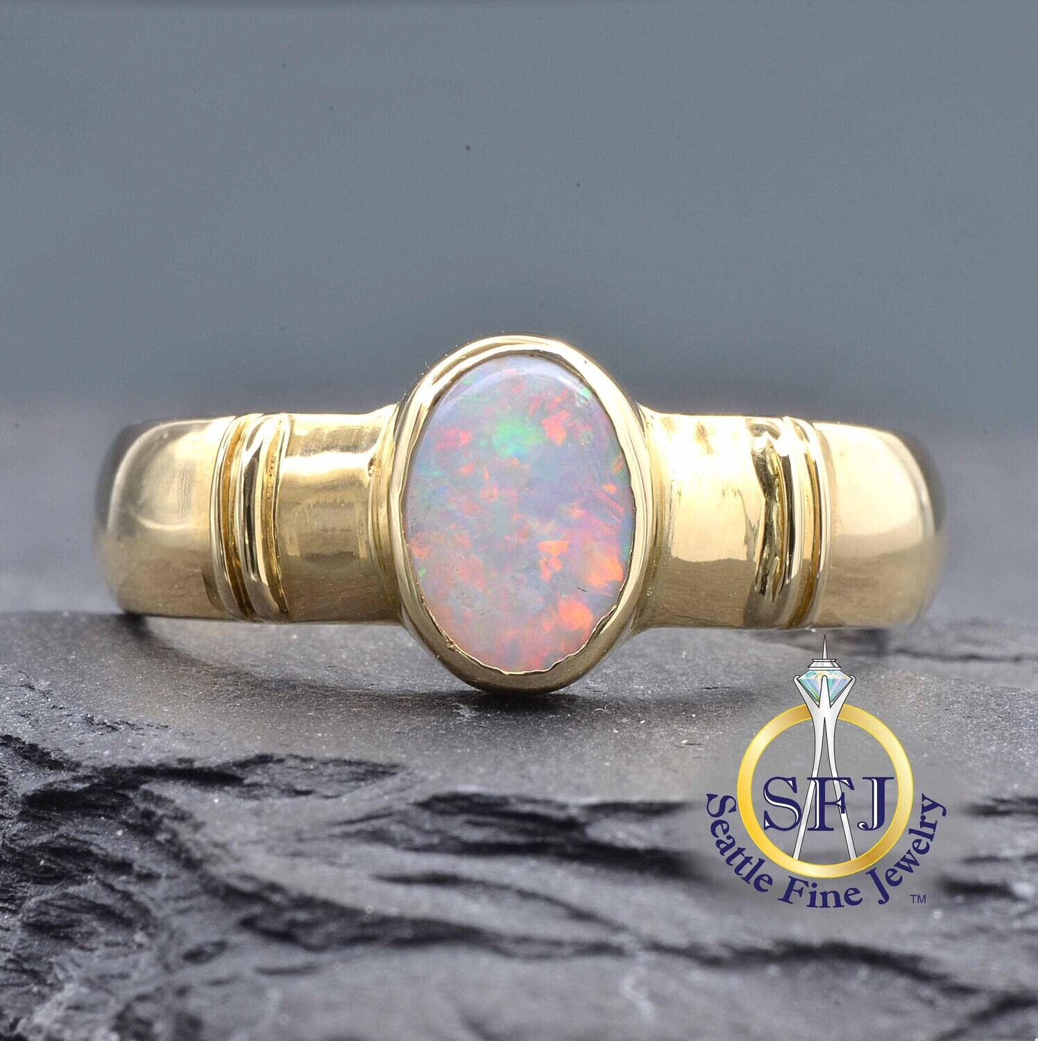 White Opal Ring, Solid 14k Yellow Gold