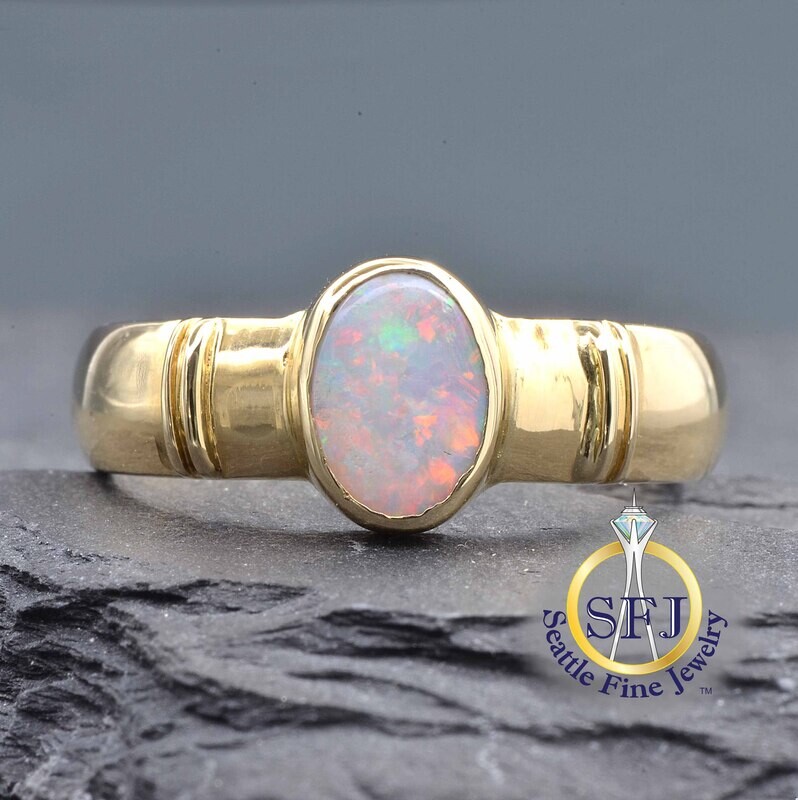 Opal Solitaire Ring, Solid 14K Yellow Gold