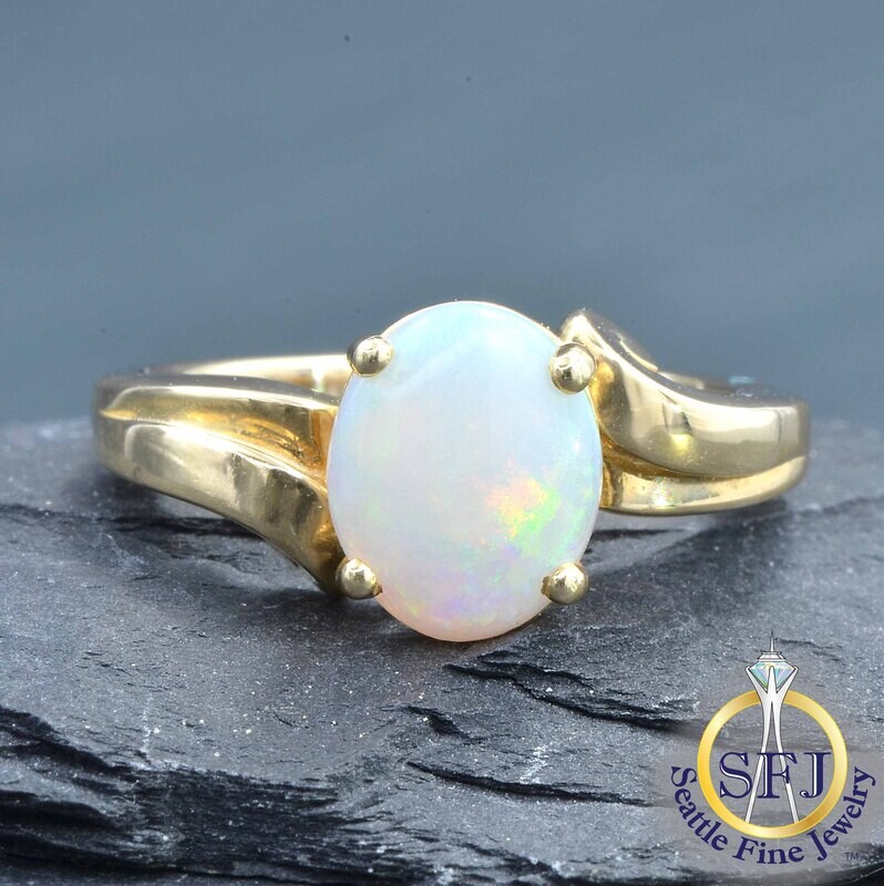 Opal Solitaire Bypass Ring, Solid 14K Yellow Gold