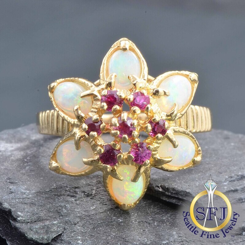 Ruby and Opal Floral Cluster Ring, Solid 14K Yellow Gold
