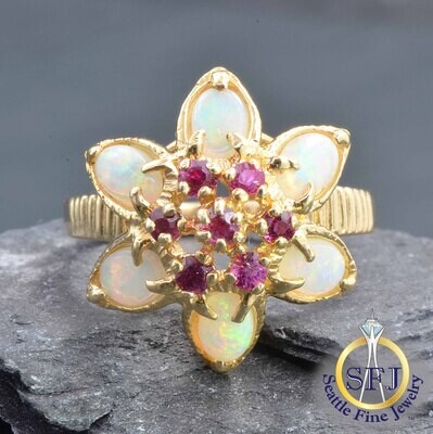 Floral Ruby and Semi-crystal Opal Ring, Solid 14k Yellow Gold