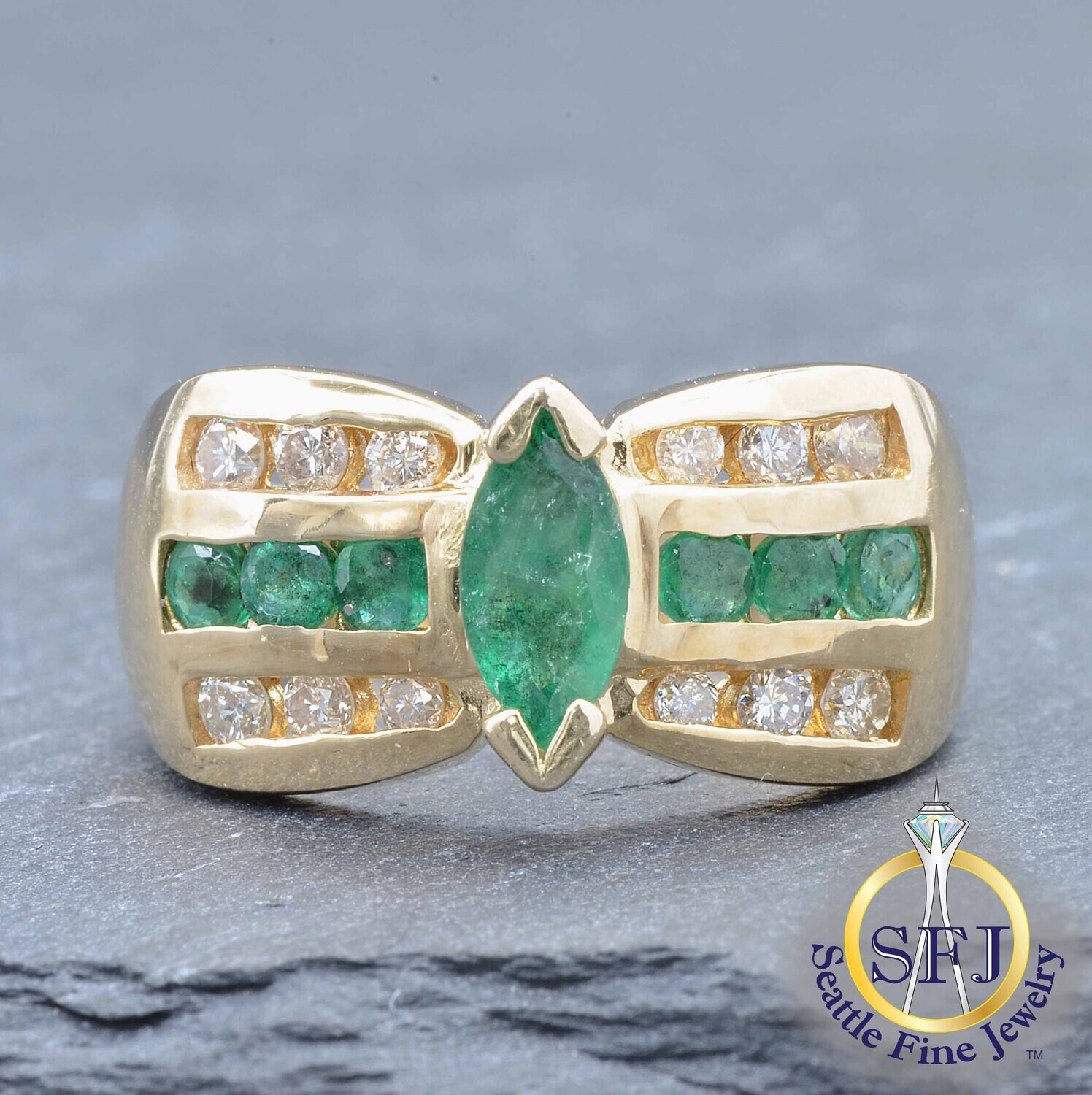 Marquise Emerald and Diamond Ring, Solid 14K Yellow Gold