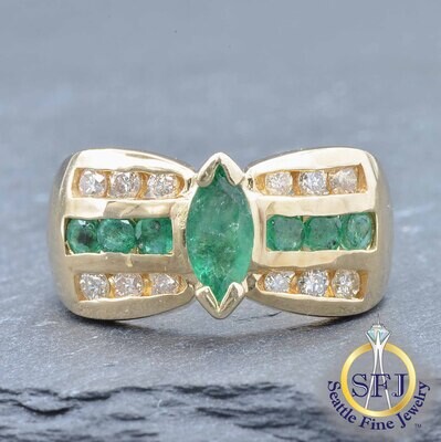 Marquise Emerald and Diamond Ring, Solid 14K Yellow Gold