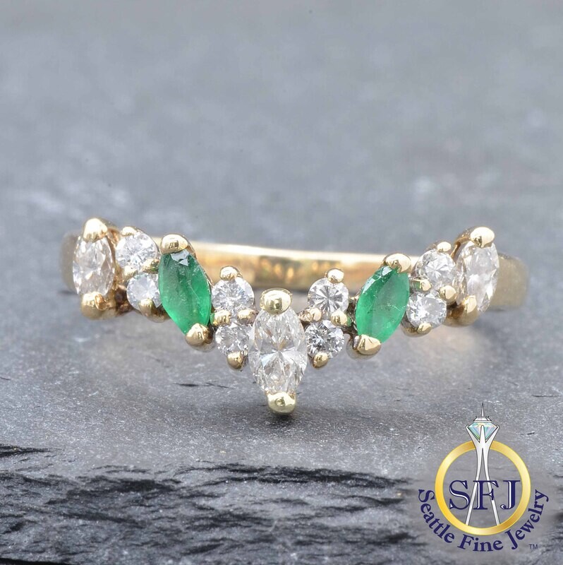 Emerald and Diamond Chevron Ring, Solid 14K Yellow Gold
