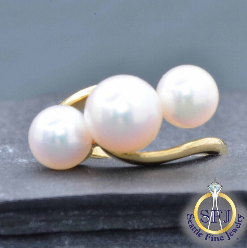 Mikimoto Akoya Pearl 3-Stone Ring, Solid 18K Yellow Gold