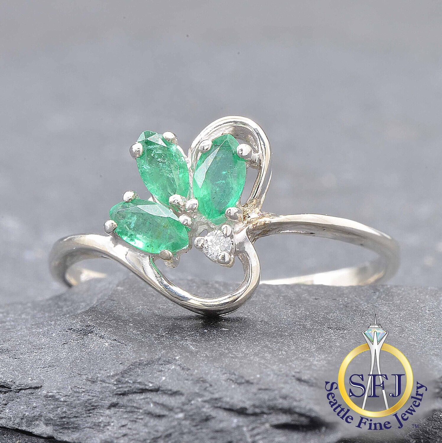 Emerald and Diamond Ring, Solid 14k White Gold