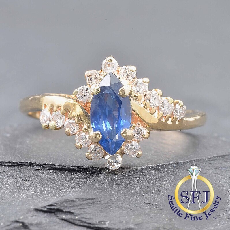 Marquise Sapphire and Diamond Halo Ring, Solid 14K Yellow Gold