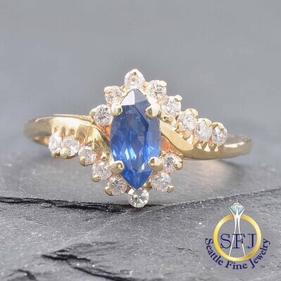 Marquise Sapphire and Diamond Halo Ring, Solid 14K Yellow Gold