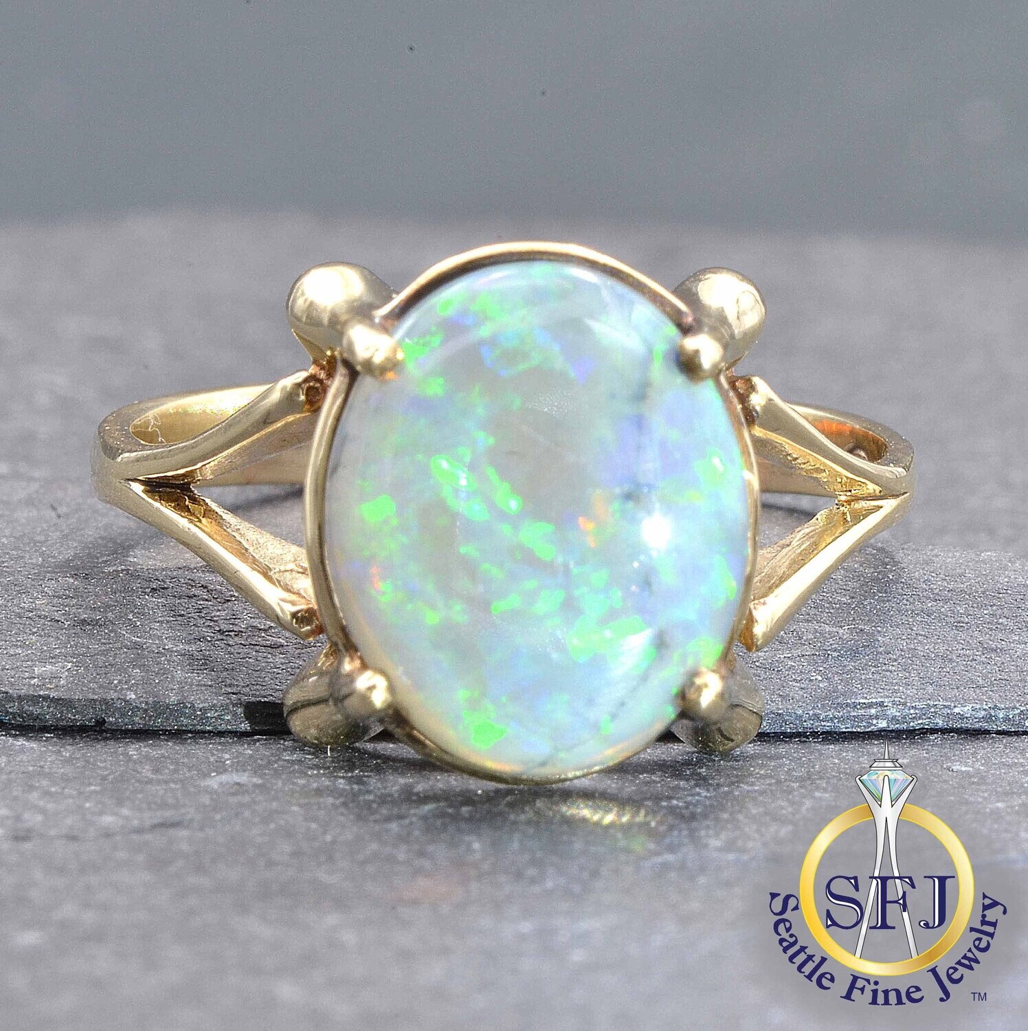 Opal Solitaire Ring, Solid 10K Yellow Gold