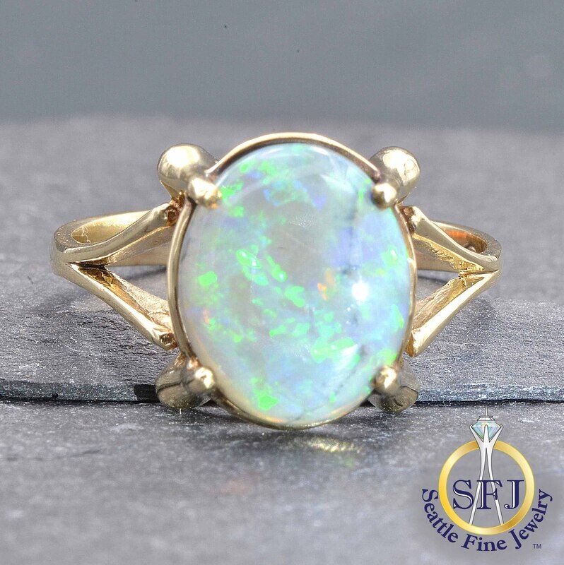 Opal Solitaire Ring, Solid 10K Yellow Gold