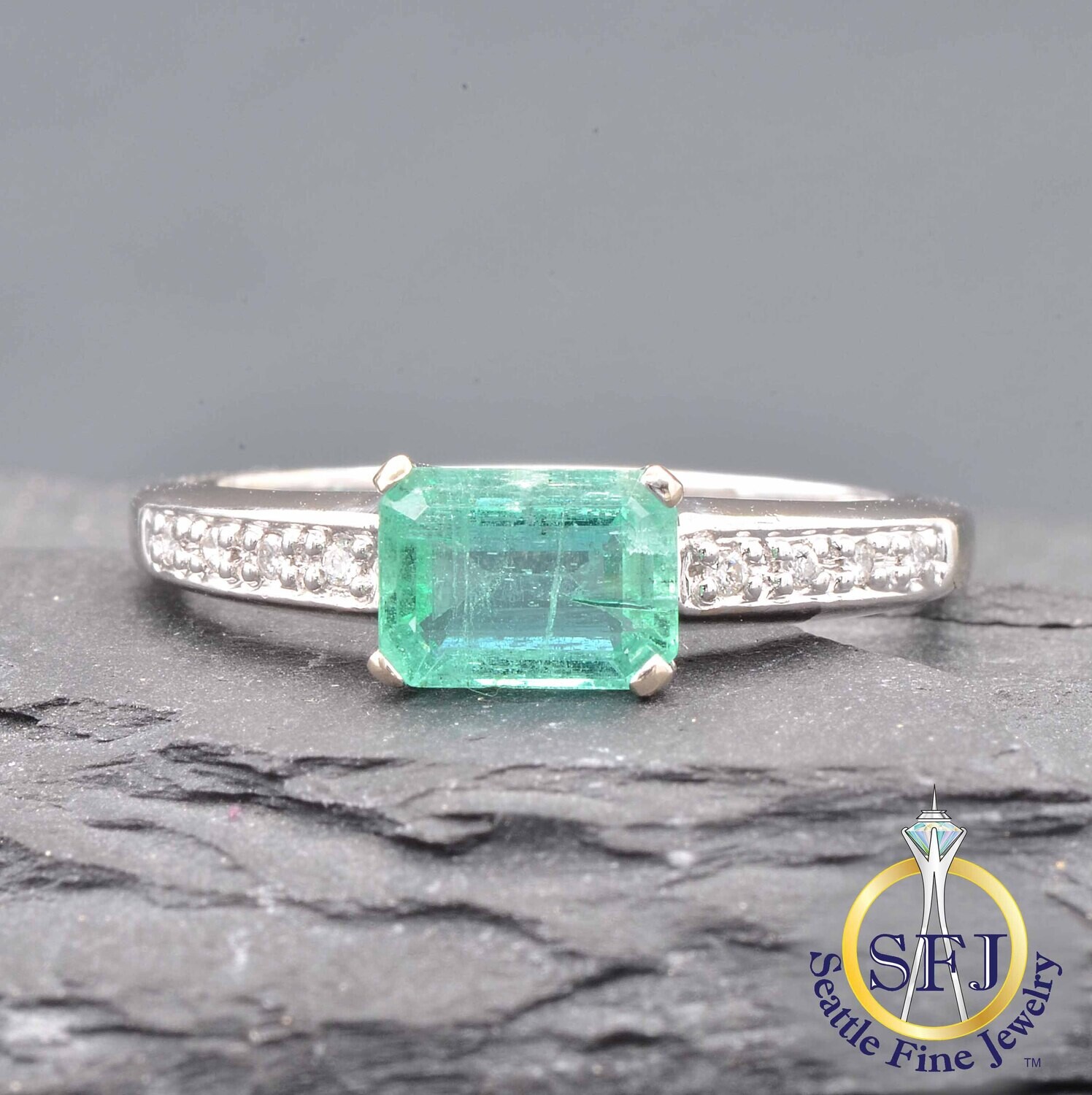 Emerald and Diamond Ring, Solid 14k White Gold