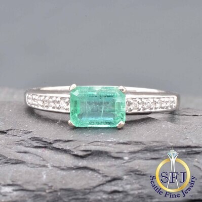 Emerald and Diamond Ring, Solid 14k White Gold