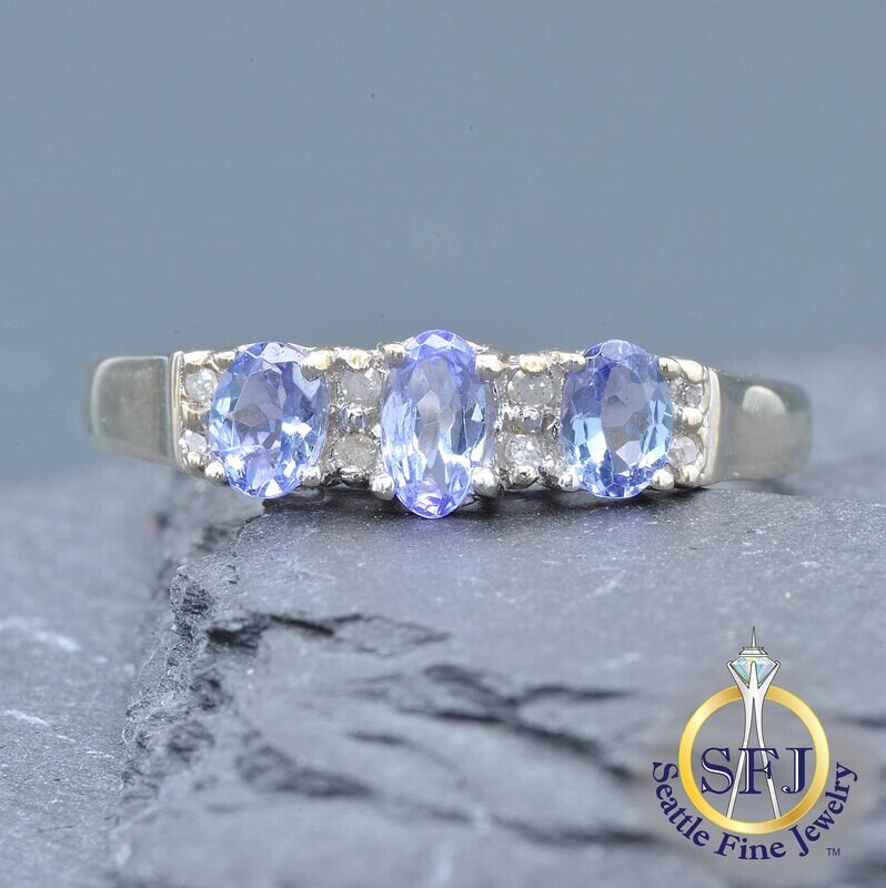 Tanzanite and Diamond Row Ring, Solid 10K White Gold