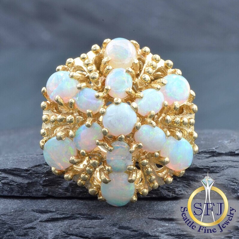 Opal Tired Cluster Cocktail Ring, Solid 14K Yellow Gold