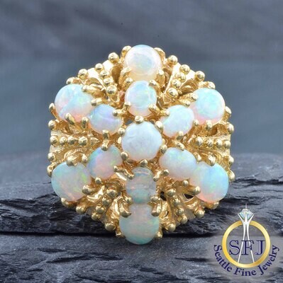 White Opal Ring, Solid 14k Yellow Gold