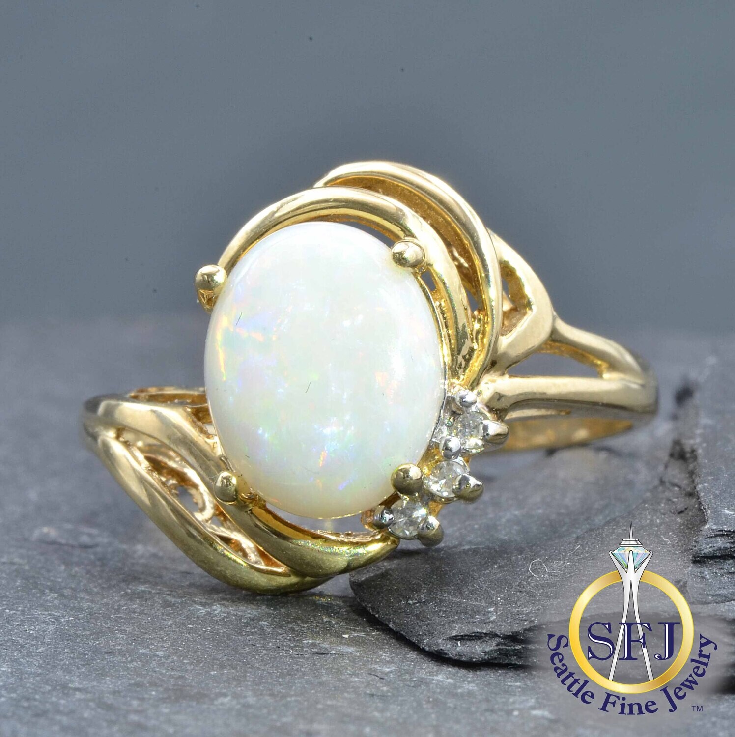 Opal and Diamond Bypass Semi-Halo Ring, Solid 10K Yellow Gold