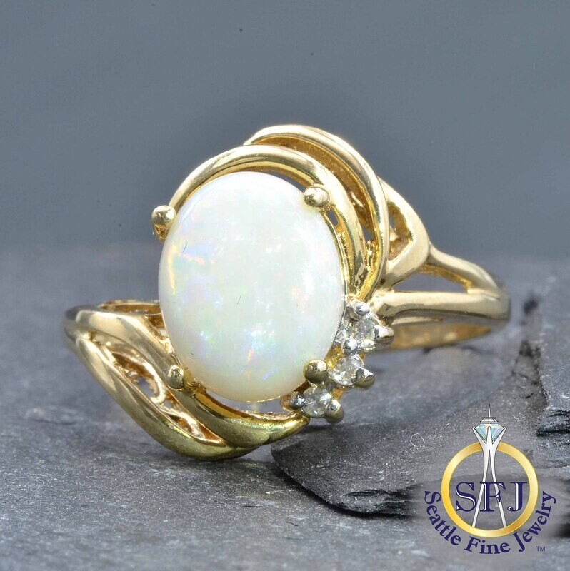 Opal and Diamond Bypass Semi-Halo Ring, Solid 10K Yellow Gold