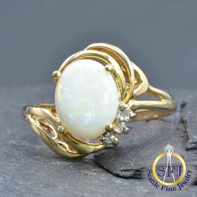 White Opal and Diamond Ring, Solid 10k Yellow Gold