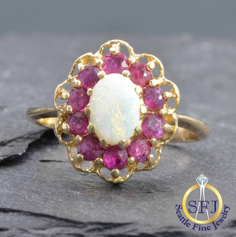 Opal and Ruby Halo Ring, Solid 14K Yellow Gold